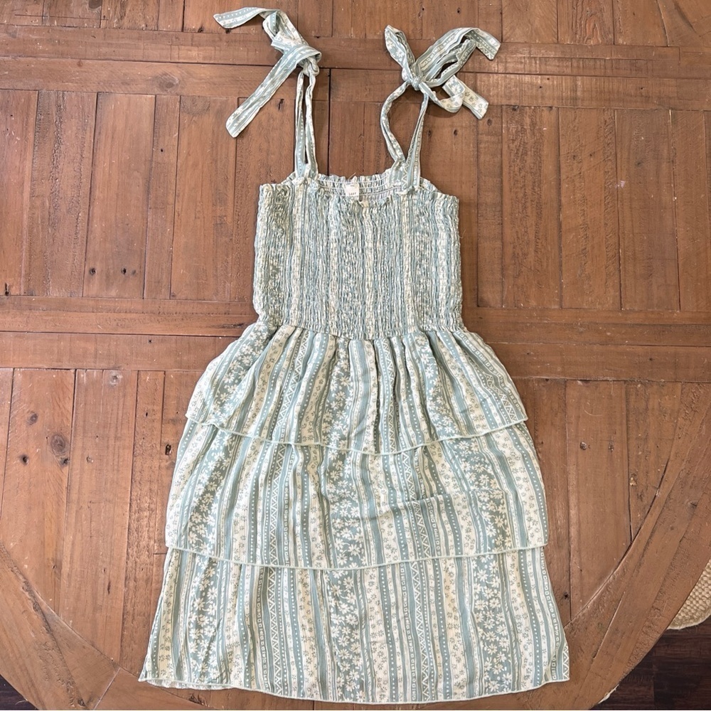 Lazy Sundays Anthropologie Dress Smocked Tie Bows Floral Stripe Layered Medium